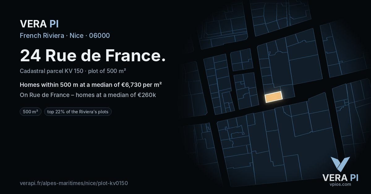24 Rue de France, Nice at night – the plot lit, the parcels around coloured by the prices near them