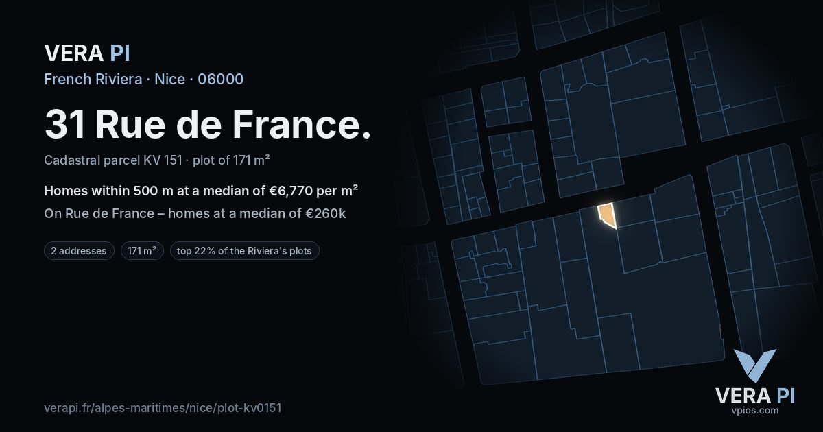 31 Rue de France, Nice at night – the plot lit, the parcels around coloured by the prices near them