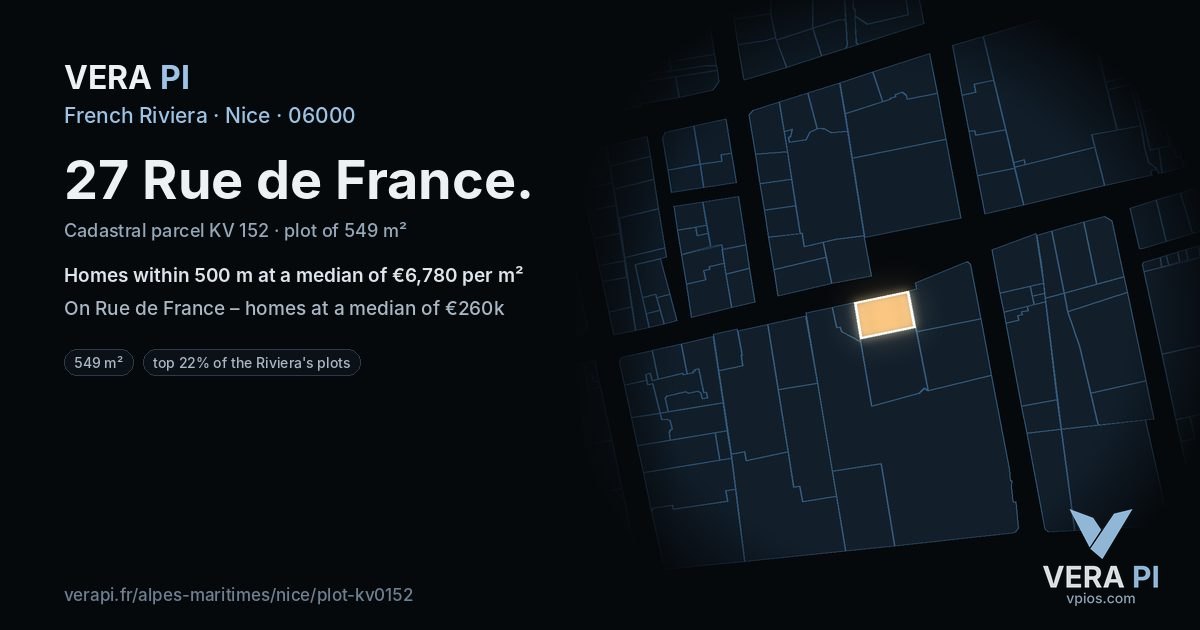 27 Rue de France, Nice at night – the plot lit, the parcels around coloured by the prices near them