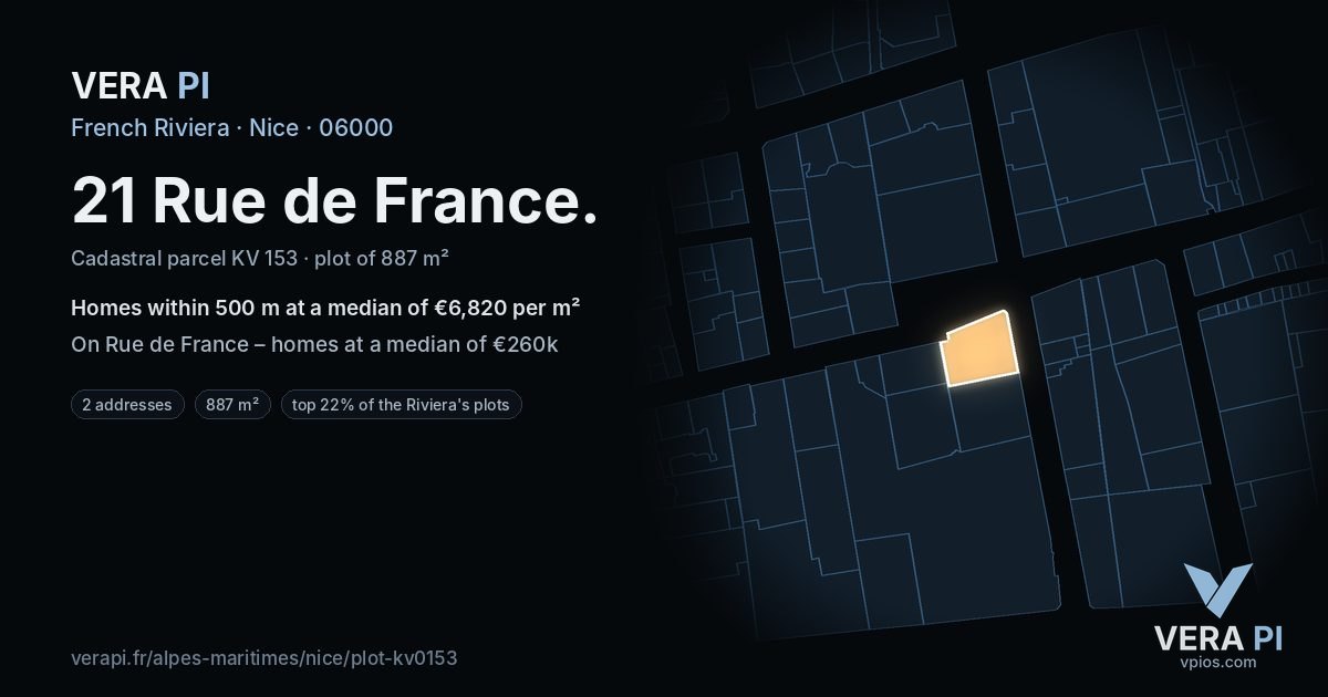 21 Rue de France, Nice at night – the plot lit, the parcels around coloured by the prices near them