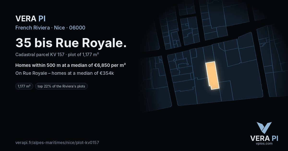 35 bis Rue Royale, Nice at night – the plot lit, the parcels around coloured by the prices near them