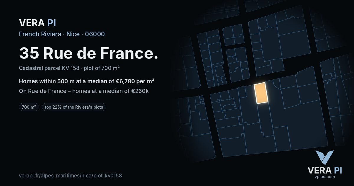 35 Rue de France, Nice at night – the plot lit, the parcels around coloured by the prices near them
