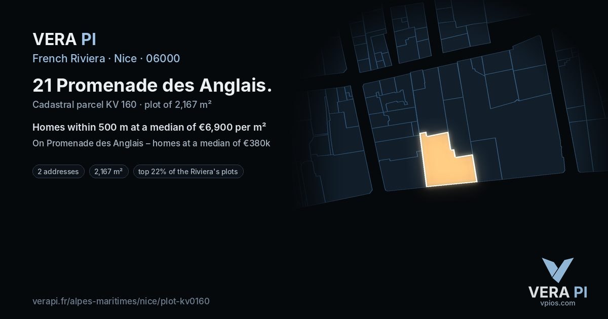 21 Promenade des Anglais, Nice at night – the plot lit, the parcels around coloured by the prices near them