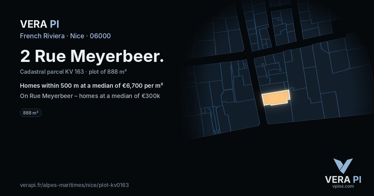 2 Rue Meyerbeer, Nice at night – the plot lit, the parcels around coloured by the prices near them