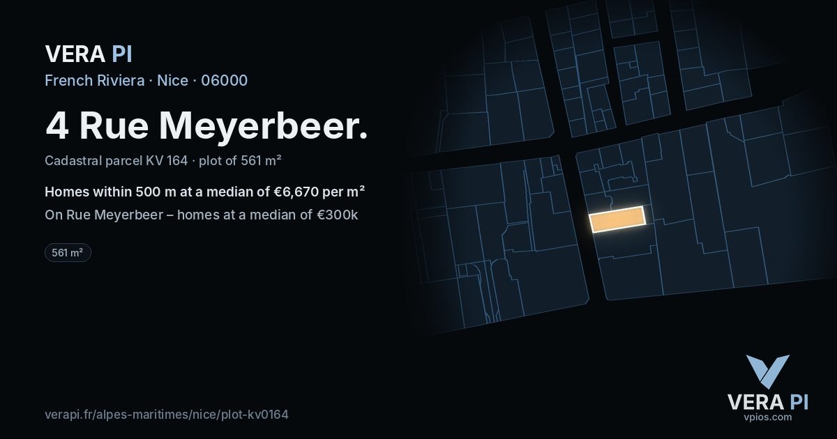 4 Rue Meyerbeer, Nice at night – the plot lit, the parcels around coloured by the prices near them