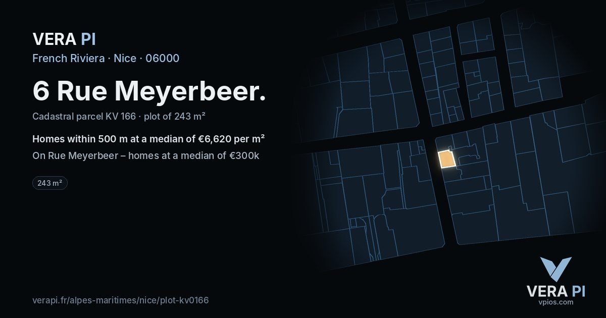 6 Rue Meyerbeer, Nice at night – the plot lit, the parcels around coloured by the prices near them
