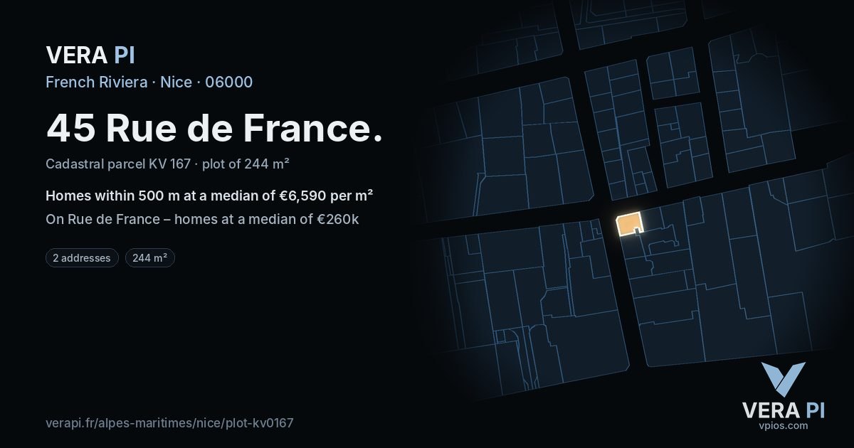 45 Rue de France, Nice at night – the plot lit, the parcels around coloured by the prices near them