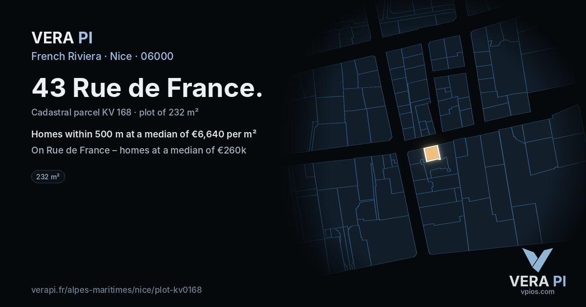 43 Rue de France, Nice at night – the plot lit, the parcels around coloured by the prices near them