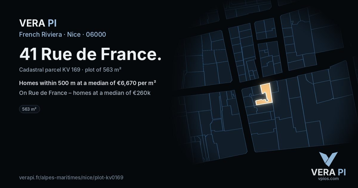 41 Rue de France, Nice at night – the plot lit, the parcels around coloured by the prices near them