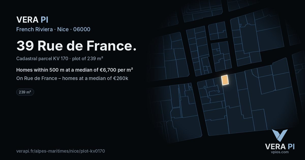 39 Rue de France, Nice at night – the plot lit, the parcels around coloured by the prices near them