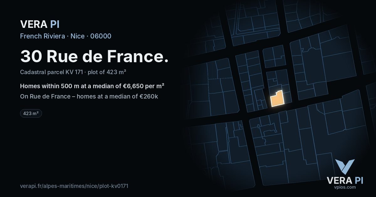 30 Rue de France, Nice at night – the plot lit, the parcels around coloured by the prices near them