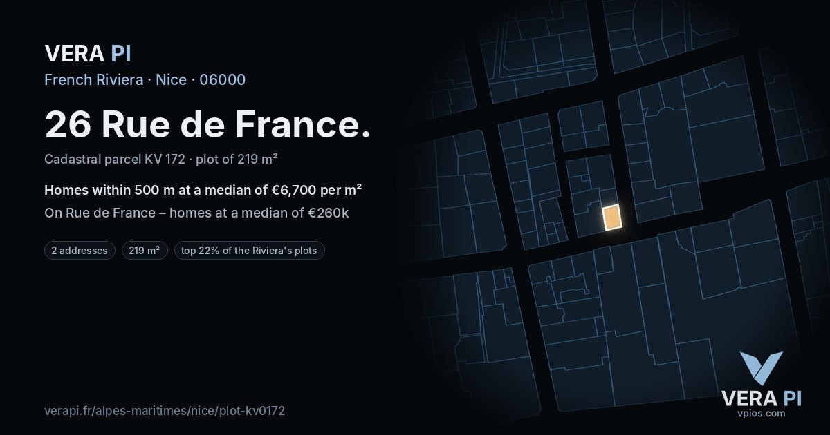 26 Rue de France, Nice at night – the plot lit, the parcels around coloured by the prices near them