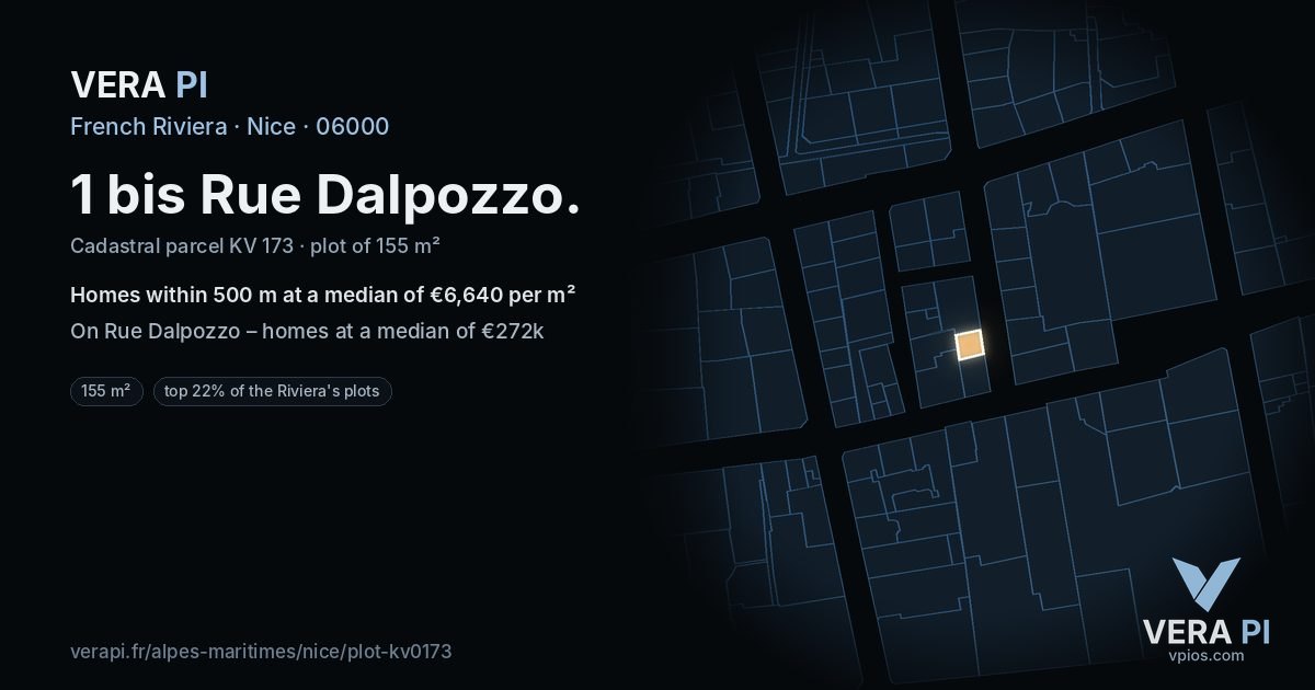 1 bis Rue Dalpozzo, Nice at night – the plot lit, the parcels around coloured by the prices near them