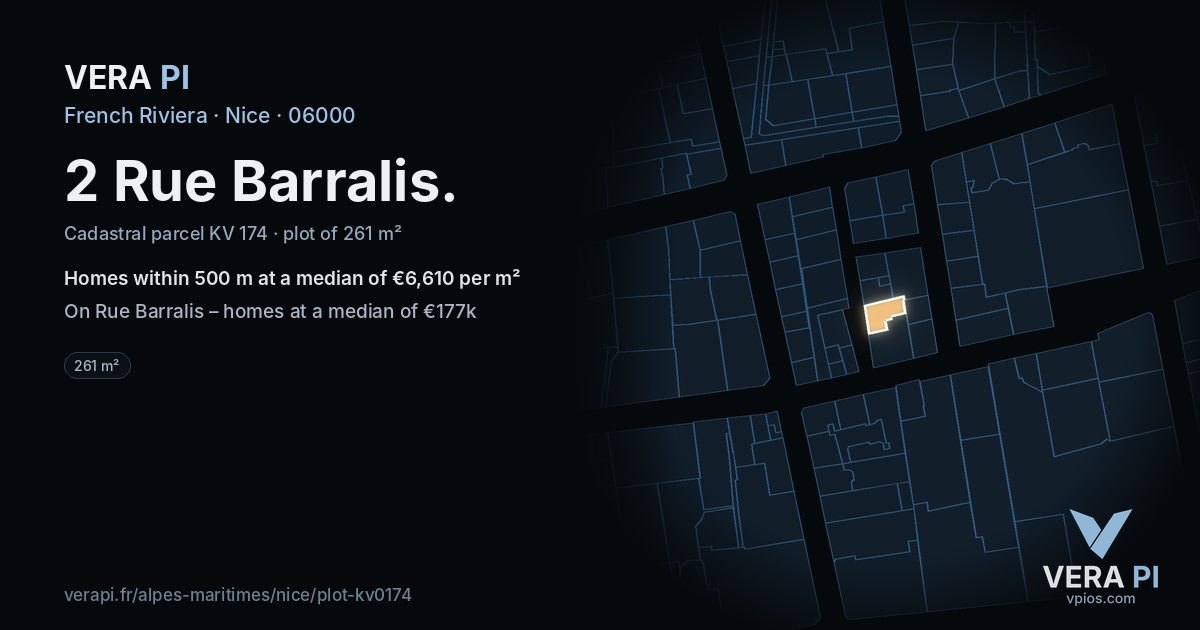 2 Rue Barralis, Nice at night – the plot lit, the parcels around coloured by the prices near them