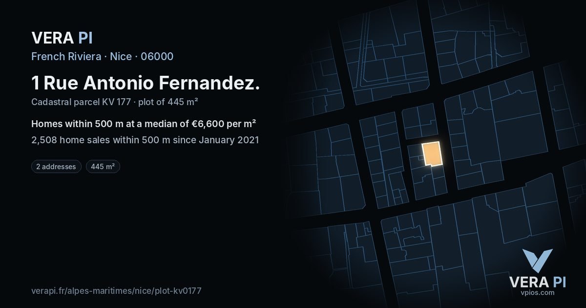 1 Rue Antonio Fernandez, Nice at night – the plot lit, the parcels around coloured by the prices near them