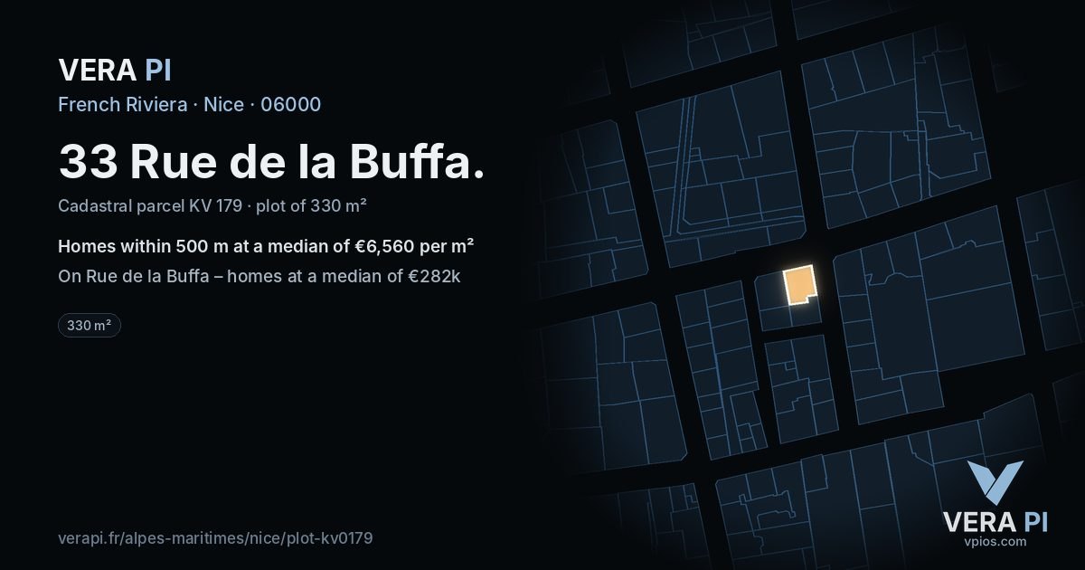 33 Rue de la Buffa, Nice at night – the plot lit, the parcels around coloured by the prices near them