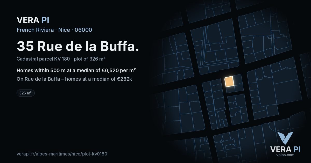 35 Rue de la Buffa, Nice at night – the plot lit, the parcels around coloured by the prices near them