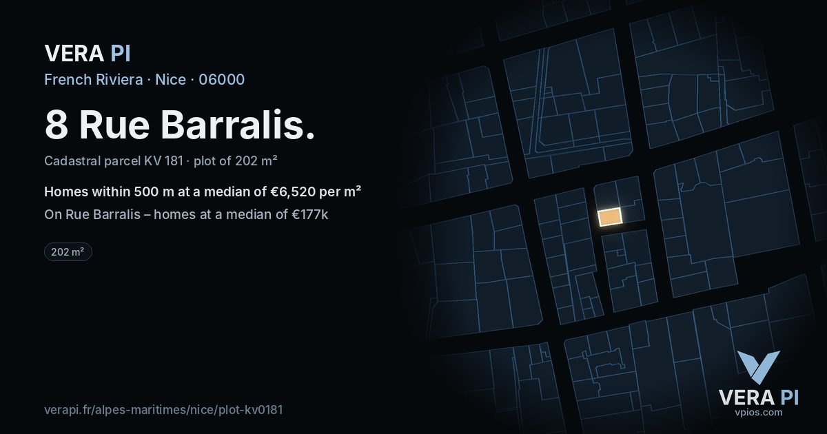 8 Rue Barralis, Nice at night – the plot lit, the parcels around coloured by the prices near them