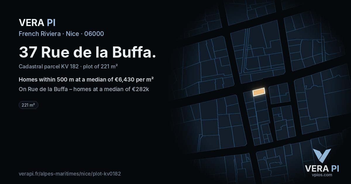37 Rue de la Buffa, Nice at night – the plot lit, the parcels around coloured by the prices near them
