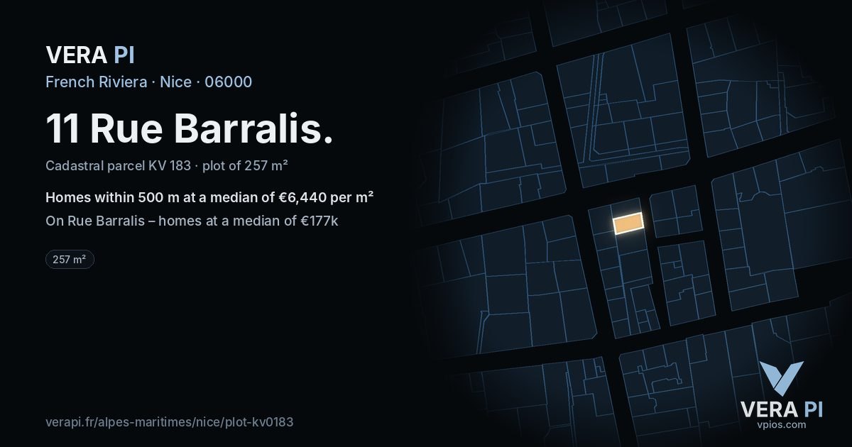 11 Rue Barralis, Nice at night – the plot lit, the parcels around coloured by the prices near them