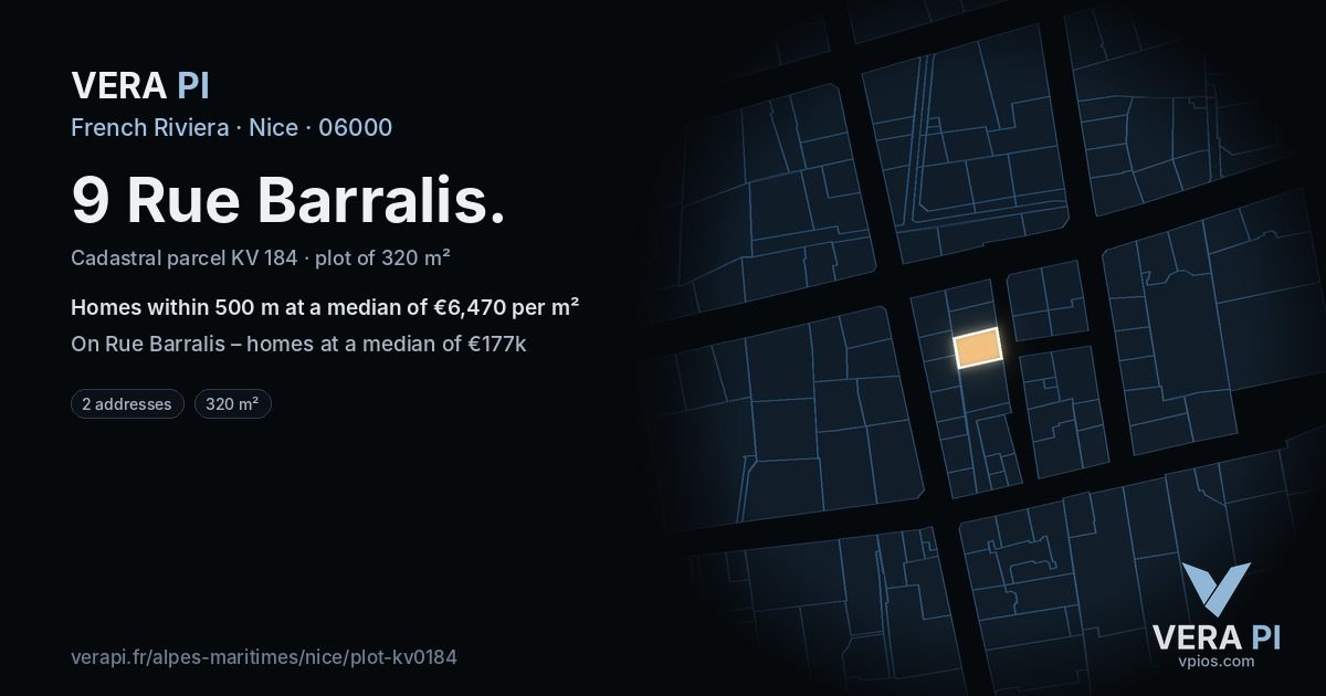 9 Rue Barralis, Nice at night – the plot lit, the parcels around coloured by the prices near them