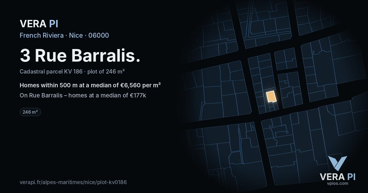 3 Rue Barralis, Nice at night – the plot lit, the parcels around coloured by the prices near them