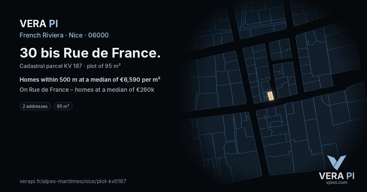 30 bis Rue de France, Nice at night – the plot lit, the parcels around coloured by the prices near them
