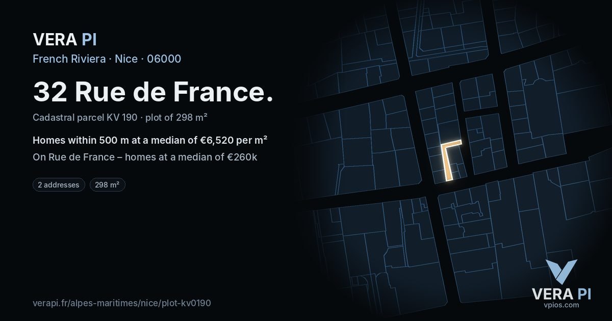 32 Rue de France, Nice at night – the plot lit, the parcels around coloured by the prices near them