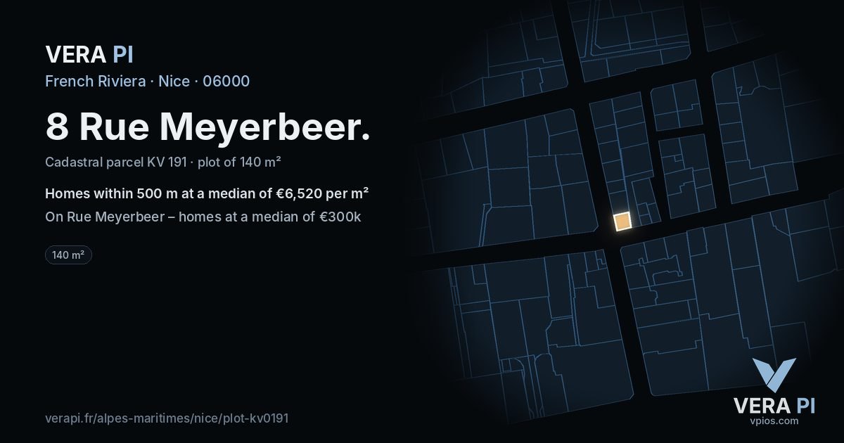 8 Rue Meyerbeer, Nice at night – the plot lit, the parcels around coloured by the prices near them