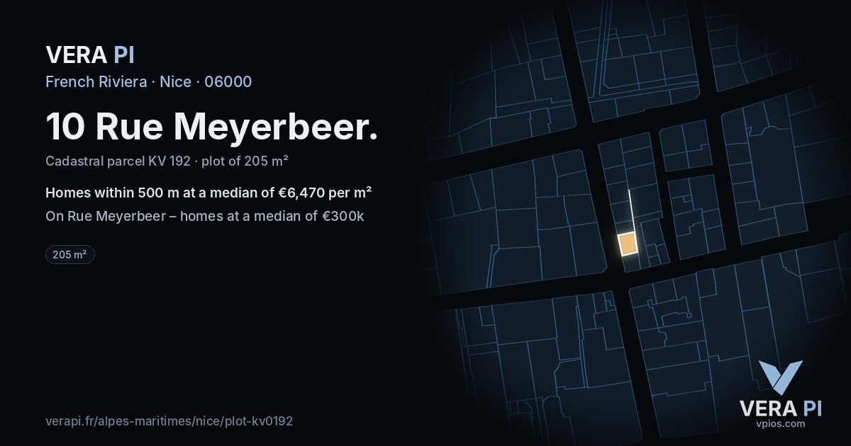 10 Rue Meyerbeer, Nice at night – the plot lit, the parcels around coloured by the prices near them