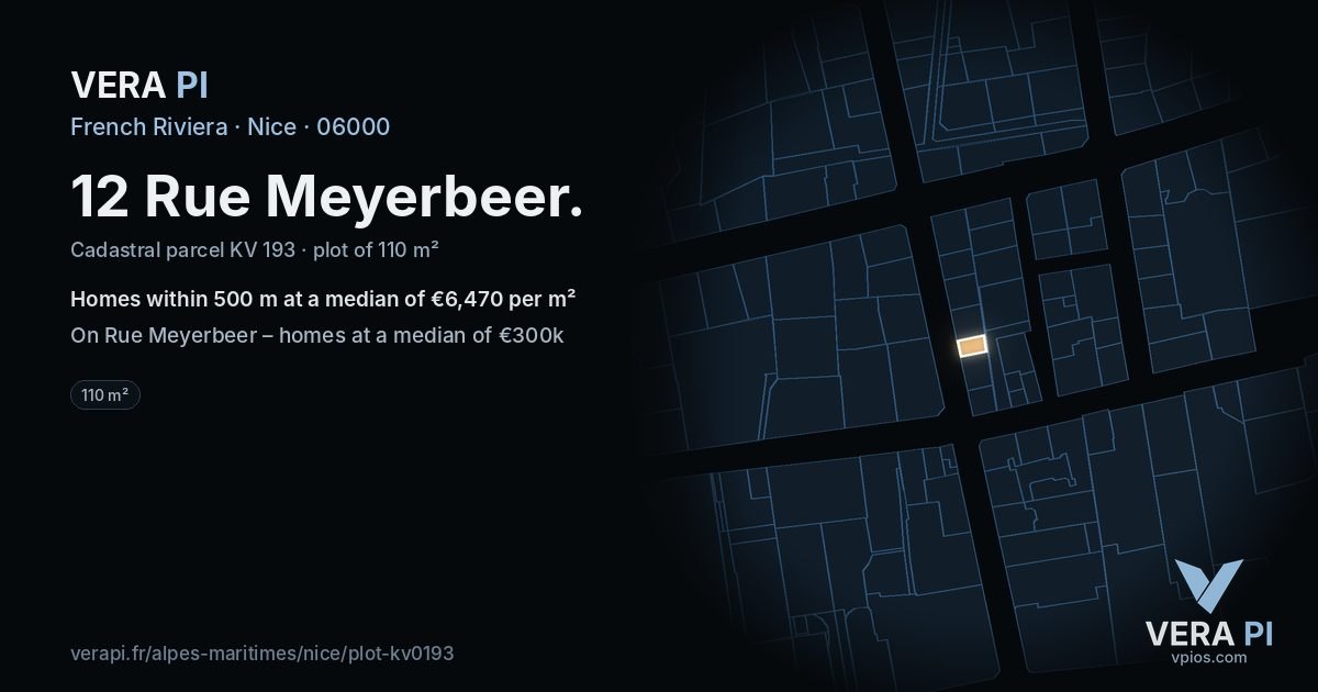 12 Rue Meyerbeer, Nice at night – the plot lit, the parcels around coloured by the prices near them