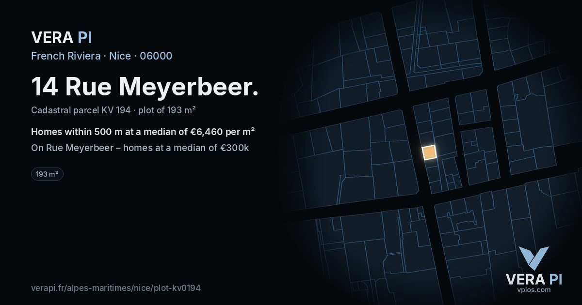 14 Rue Meyerbeer, Nice at night – the plot lit, the parcels around coloured by the prices near them