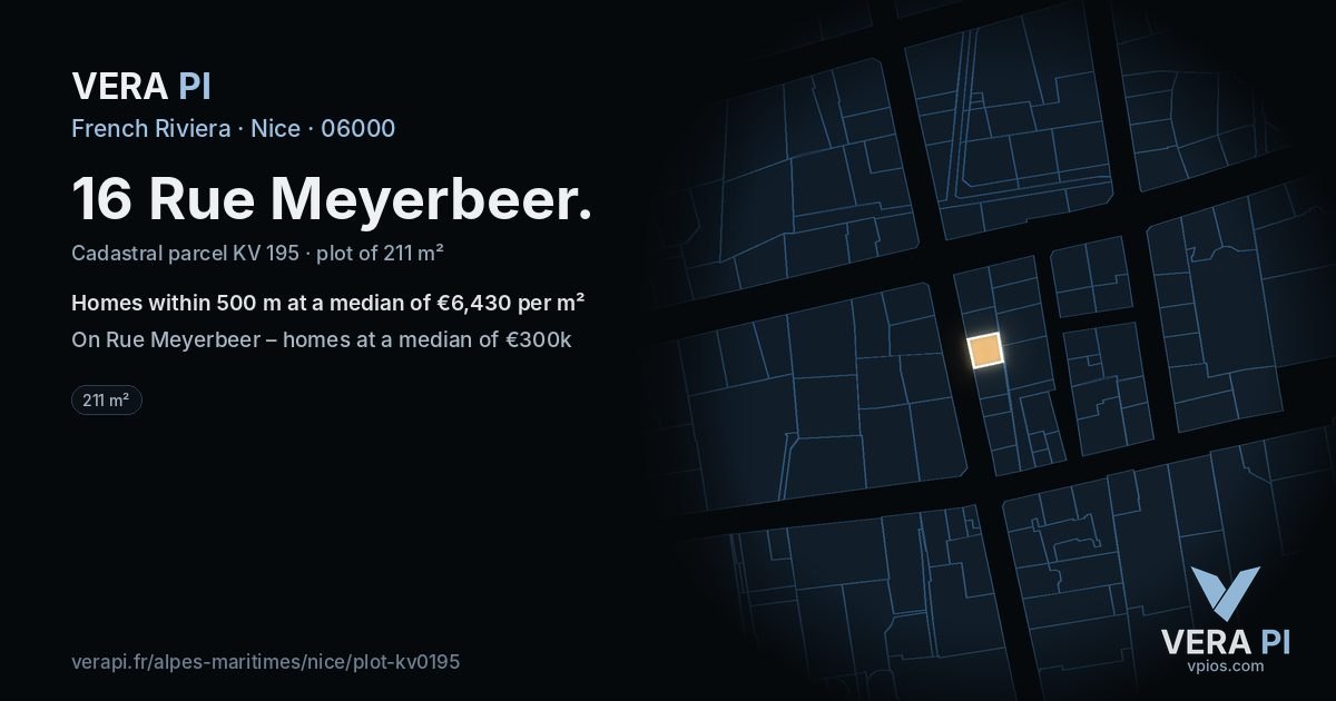 16 Rue Meyerbeer, Nice at night – the plot lit, the parcels around coloured by the prices near them