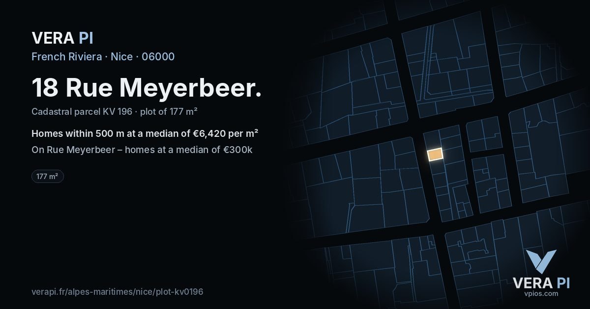 18 Rue Meyerbeer, Nice at night – the plot lit, the parcels around coloured by the prices near them