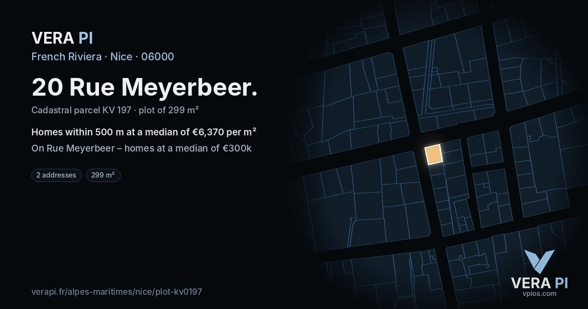 20 Rue Meyerbeer, Nice at night – the plot lit, the parcels around coloured by the prices near them