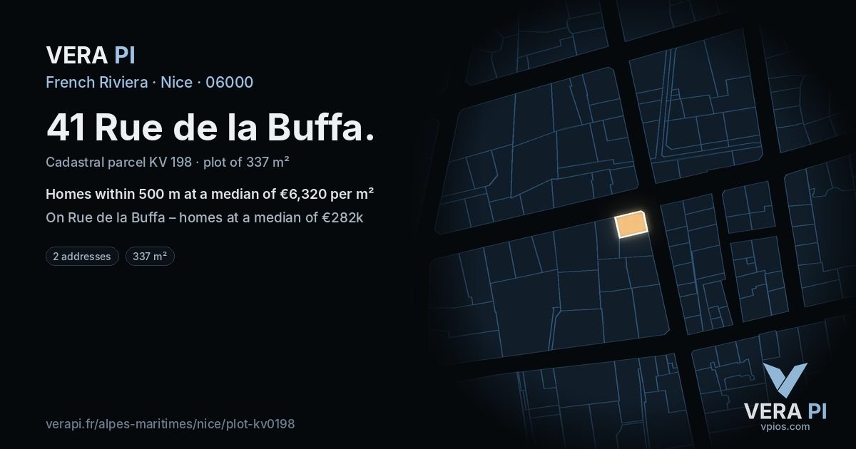 41 Rue de la Buffa, Nice at night – the plot lit, the parcels around coloured by the prices near them