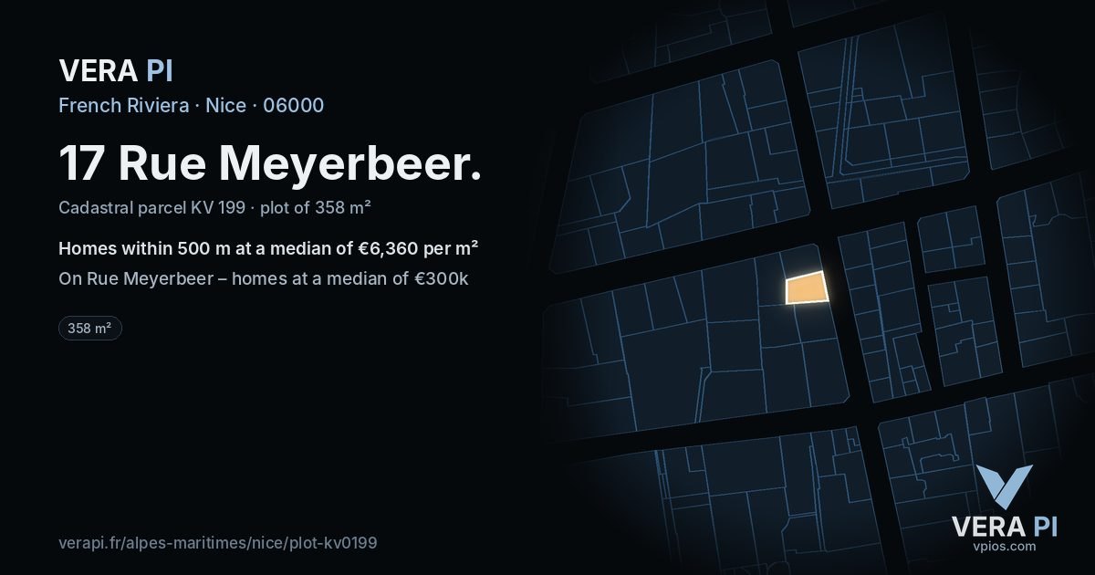 17 Rue Meyerbeer, Nice at night – the plot lit, the parcels around coloured by the prices near them