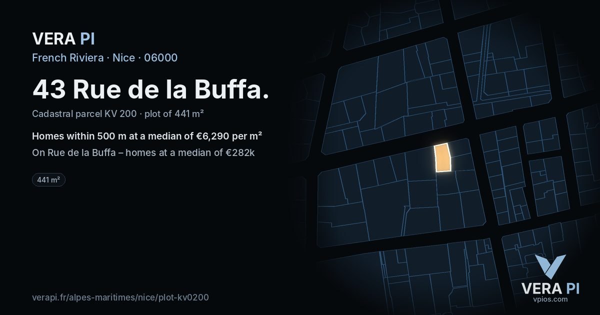 43 Rue de la Buffa, Nice at night – the plot lit, the parcels around coloured by the prices near them