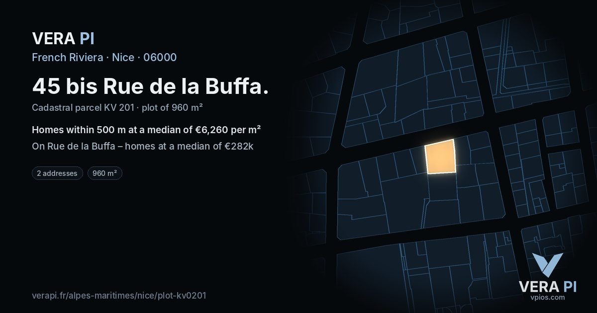 45 bis Rue de la Buffa, Nice at night – the plot lit, the parcels around coloured by the prices near them