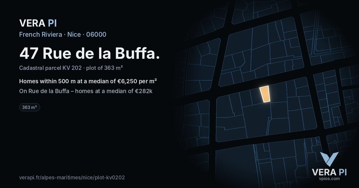 47 Rue de la Buffa, Nice at night – the plot lit, the parcels around coloured by the prices near them