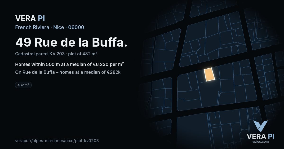 49 Rue de la Buffa, Nice at night – the plot lit, the parcels around coloured by the prices near them