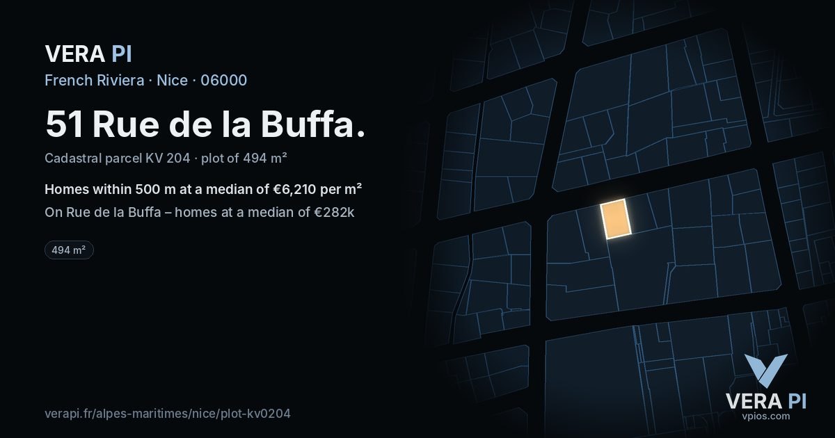51 Rue de la Buffa, Nice at night – the plot lit, the parcels around coloured by the prices near them