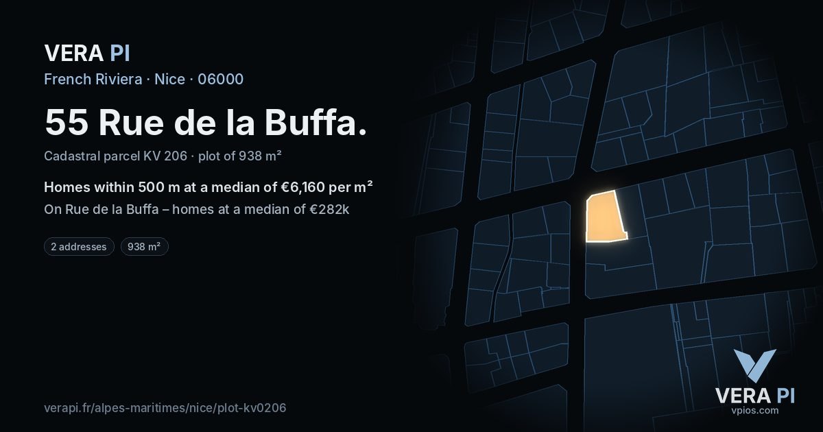 55 Rue de la Buffa, Nice at night – the plot lit, the parcels around coloured by the prices near them