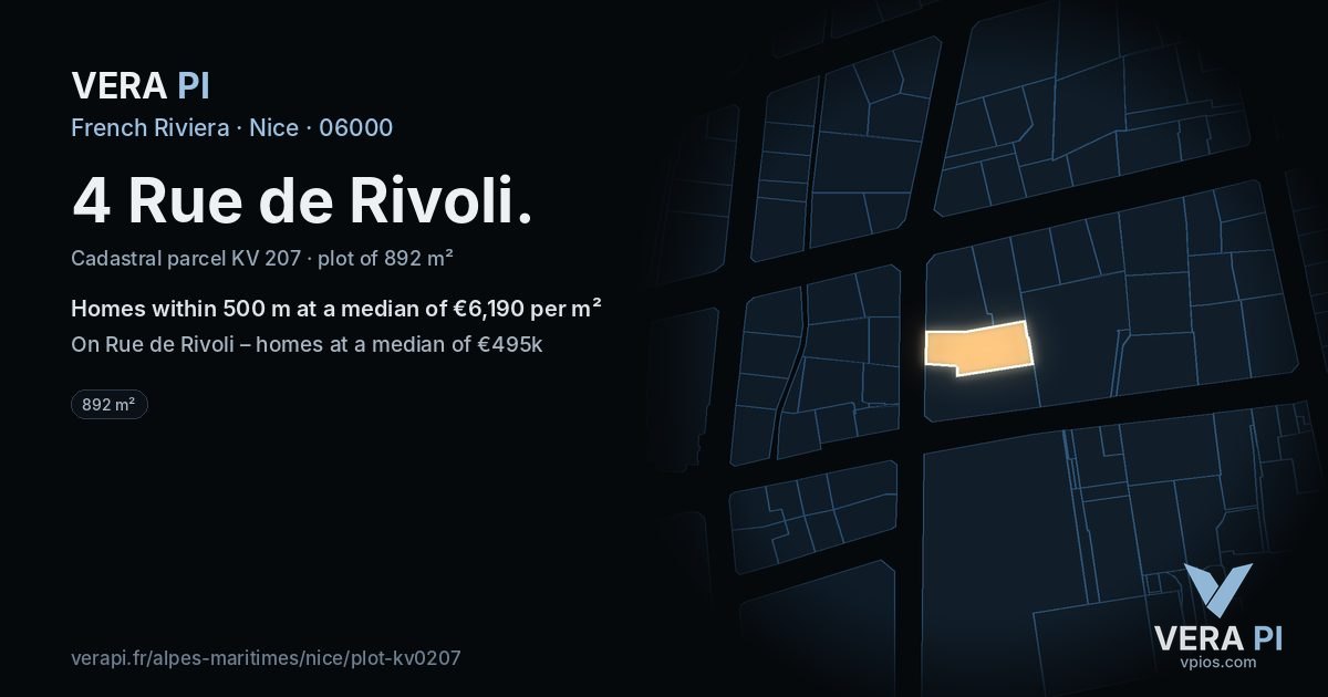4 Rue de Rivoli, Nice at night – the plot lit, the parcels around coloured by the prices near them