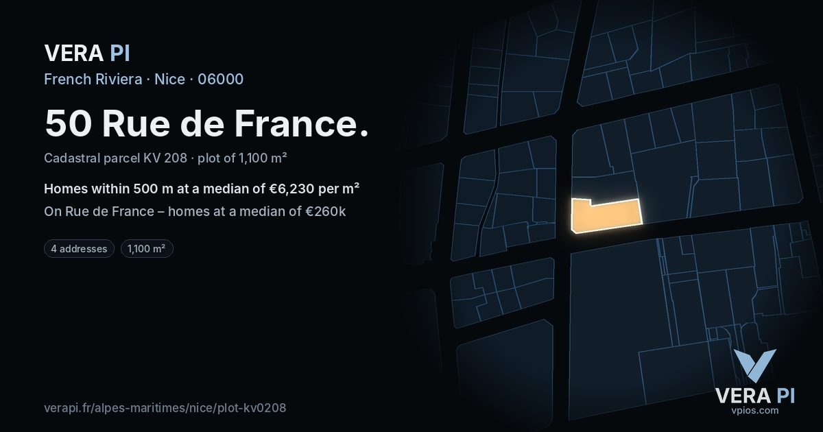 50 Rue de France, Nice at night – the plot lit, the parcels around coloured by the prices near them