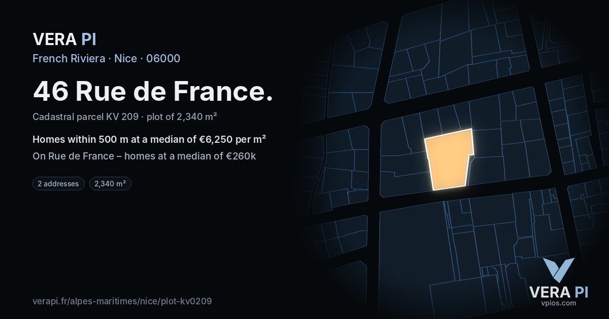 46 Rue de France, Nice at night – the plot lit, the parcels around coloured by the prices near them