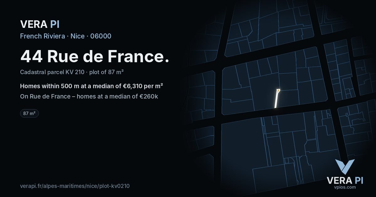 44 Rue de France, Nice at night – the plot lit, the parcels around coloured by the prices near them