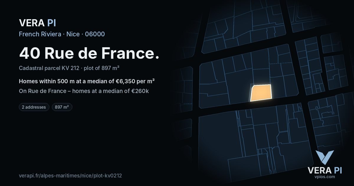 40 Rue de France, Nice at night – the plot lit, the parcels around coloured by the prices near them