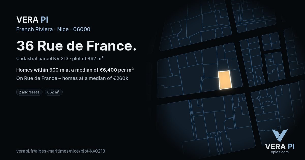 36 Rue de France, Nice at night – the plot lit, the parcels around coloured by the prices near them