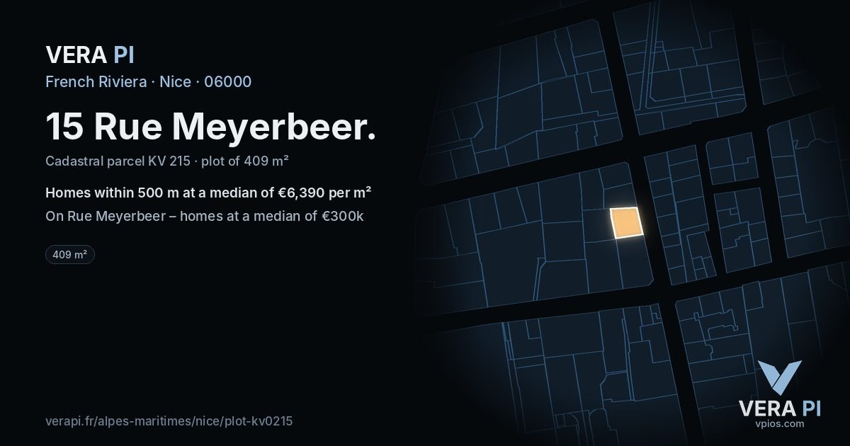 15 Rue Meyerbeer, Nice at night – the plot lit, the parcels around coloured by the prices near them